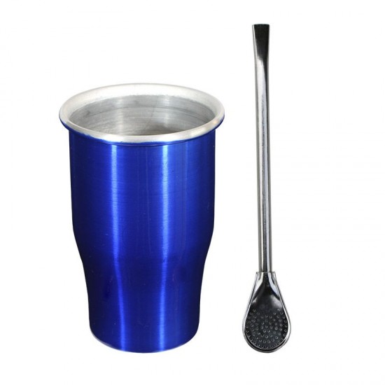 Copo Simples Alumínio 335ml Sem Tampa + Bomba Metal Polida Azul Verniz GAS-0087