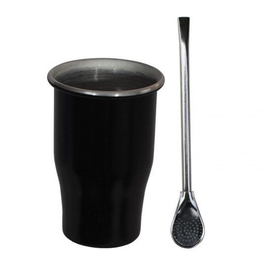 Copo Simples Alumínio 335ml Sem Tampa + Bomba Metal Polida Preto Liso GAS-0090