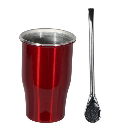 Copo Simples Alumínio 335ml Sem Tampa + Bomba Metal Polida Vermelho Verniz GAS-0095