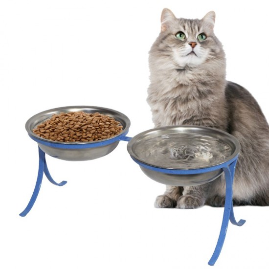 Comedouro Alto para Gatos em Inox Duplo Azul GAS-1795