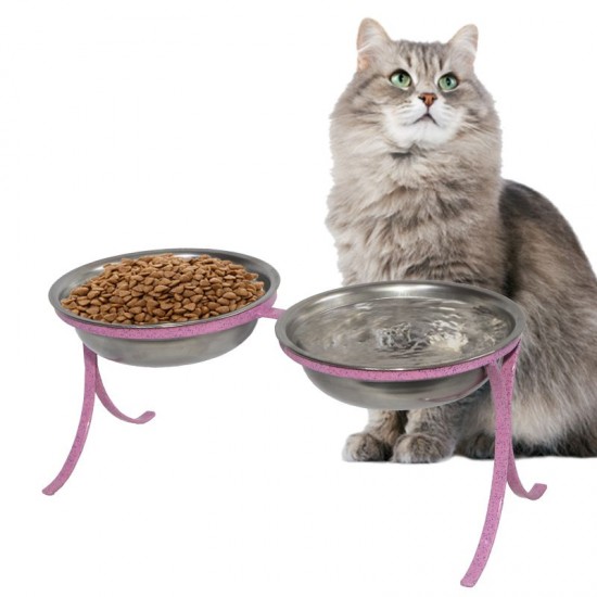 Comedouro Alto para Gatos em Inox Duplo Rosa GAS-1858