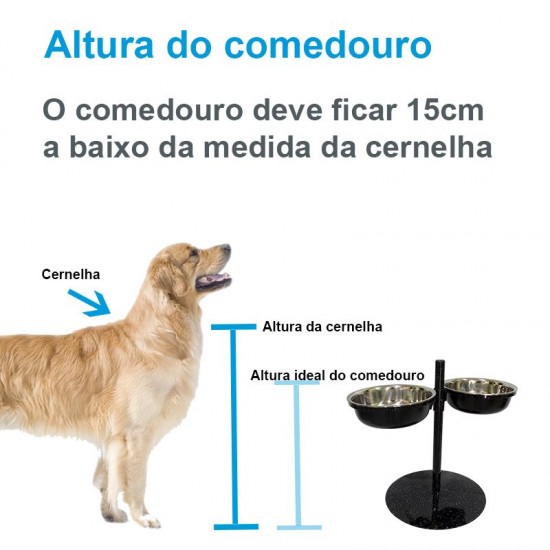 Comedouro Metal Duplo Grande com Altura Regulável Preto Pigmentado GAS-1978