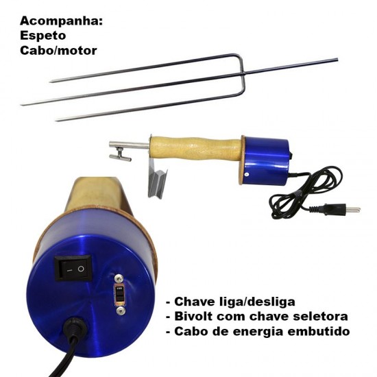 Espeto Giratório Elétrico Bivolt Triplo Azul Verniz GAS-1991