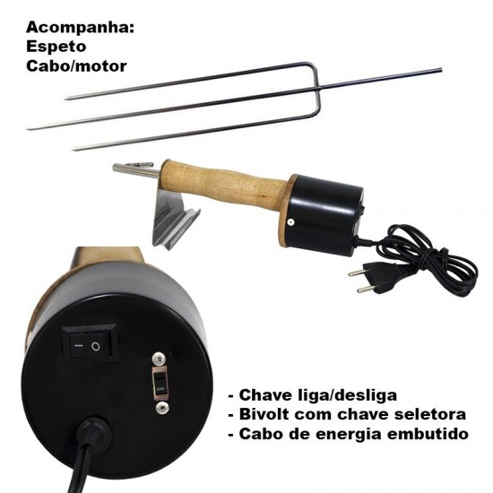 Espeto Giratório Elétrico Bivolt Triplo Preto Liso GAS-1993
