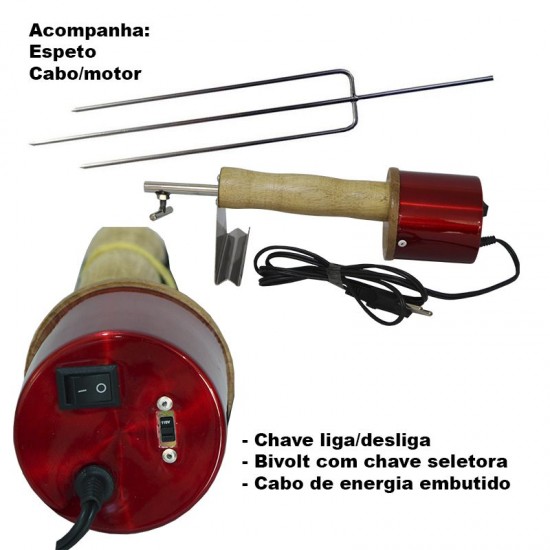 Espeto Giratório Elétrico Bivolt Triplo Vermelho Verniz GAS-1995